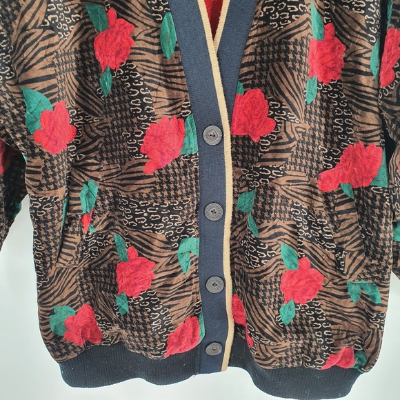 VTG 90s Handmade Velvet Animal Print Rose Floral Grannycore Bomber Jacket Sz XL - Picture 8 of 8